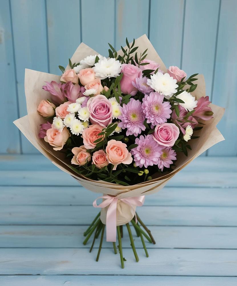 Букет цветов из: Хризантемы, Розы и Альстромерии в Онохой