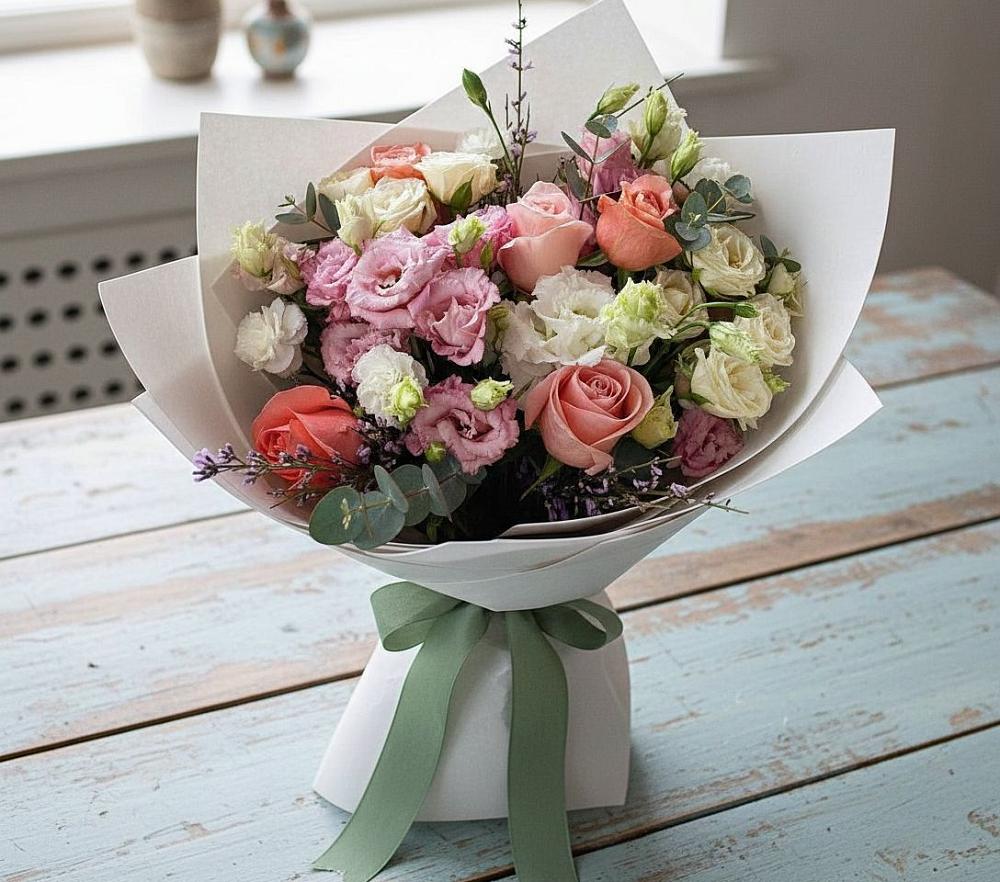 Букет цветов из: Розы, Лизиантусы и Гвоздики в Онохой