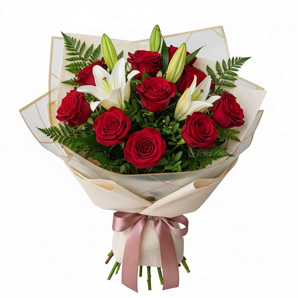 Букет цветов из: Лилии и Розы в Онохой