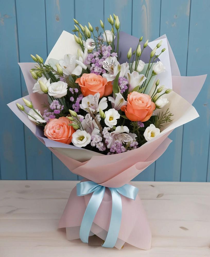 Букет цветов из: Лизиантусы, Розы, Альстромерии и Гипсофила в Онохой