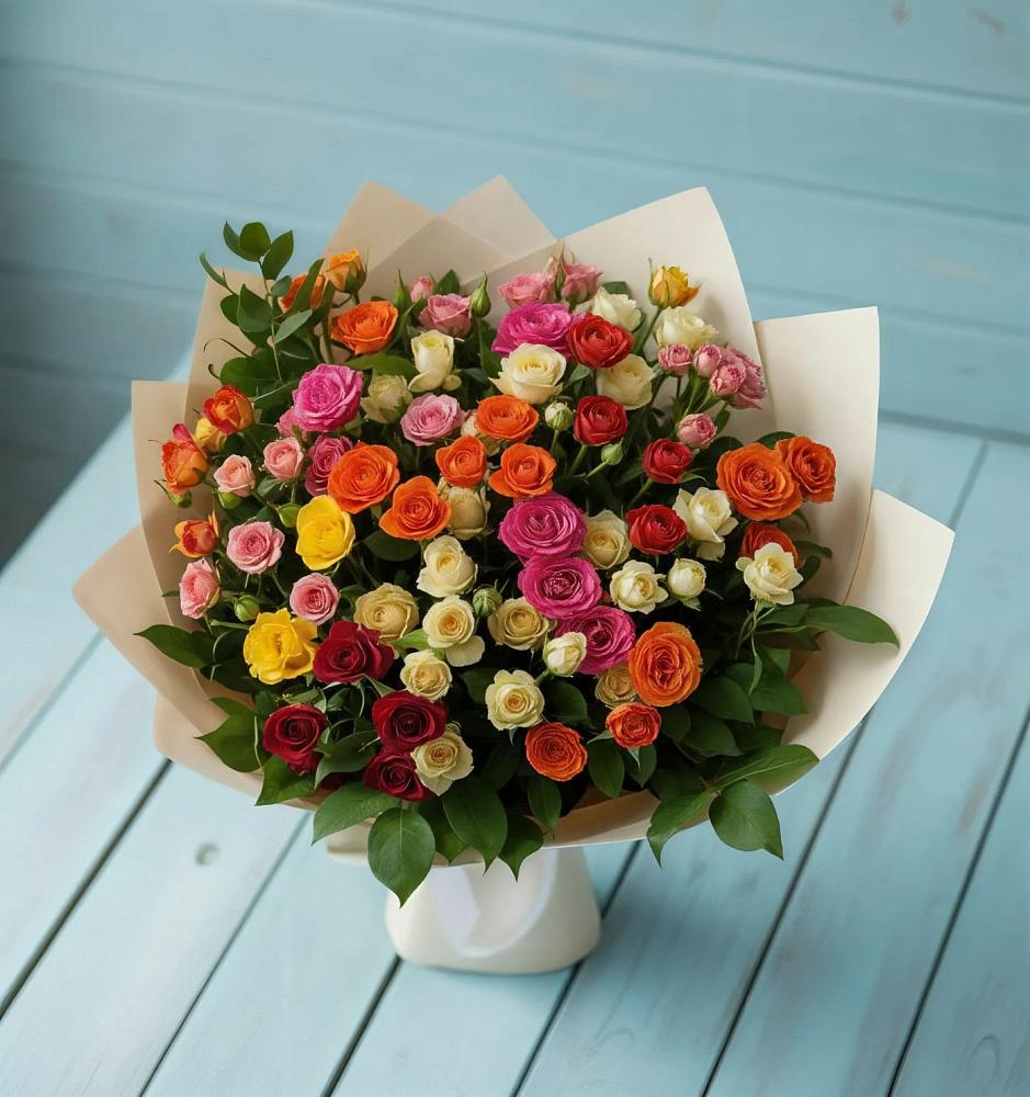 Букет Микс из разноцветных кустовых роз в Онохой