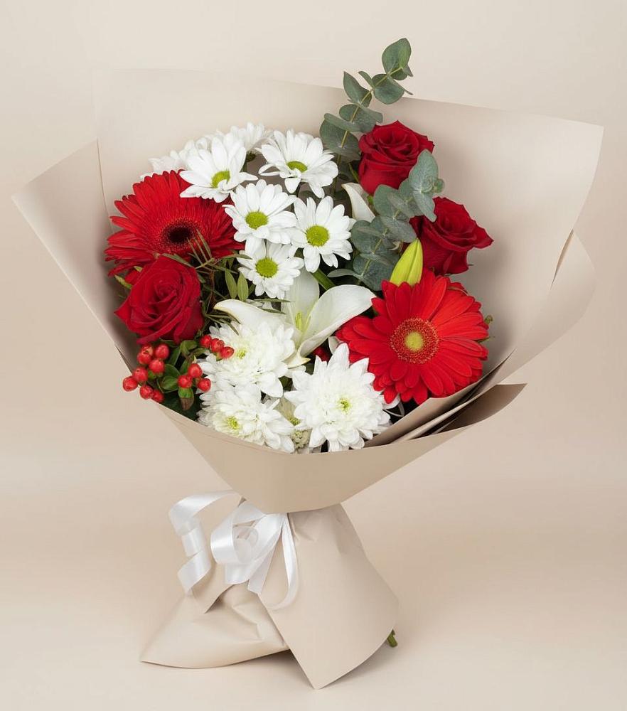 Букет цветов из: Розы, Хризантемы, Герберы и Лилии в Онохой