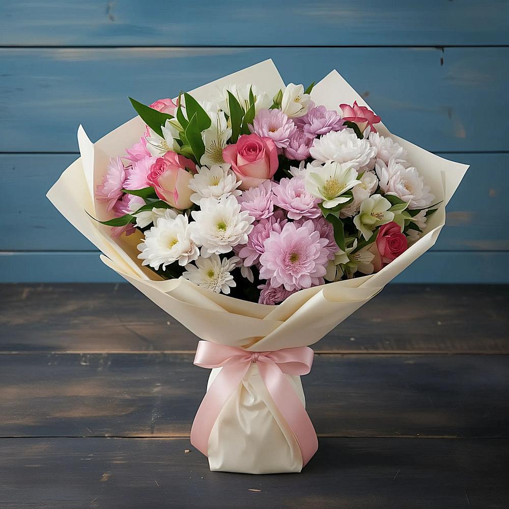 Букет цветов из: Хризантемы, Альстромерии и Розы в Онохой